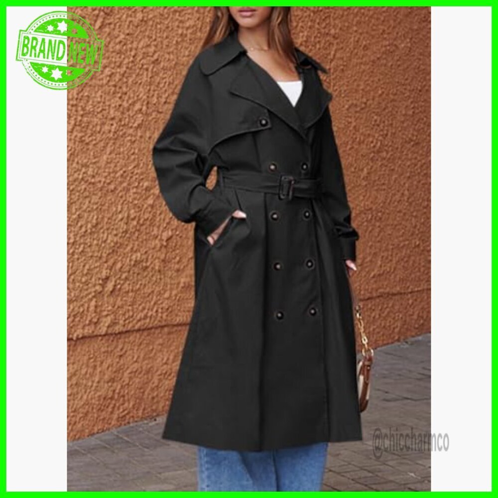 Oversized Long Trench Coat with Belt, Double Breasted Lapel, Water Resistant - Picture 5 of 7